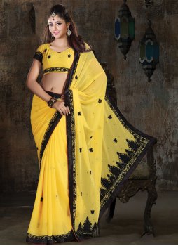 Amazing Faux Georgette Patch Border Work Off White and Yellow Trendy Saree