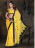 Amazing Faux Georgette Patch Border Work Off White and Yellow Trendy Saree