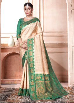 Affectionate Kanjivaram Silk Cream and Green Contemporary Saree
