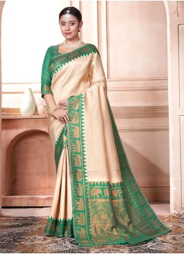 Affectionate Kanjivaram Silk Cream and Green Contemporary Saree