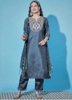 Astounding Embroidered Silk Blend Grey Pant Style Suit