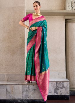 Auspicious Teal Weaving Silk Contemporary Saree