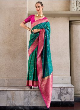 Auspicious Teal Weaving Silk Contemporary Saree