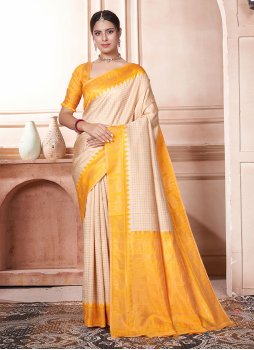 Beautiful Kanjivaram Silk Cream and Yellow Trendy Saree