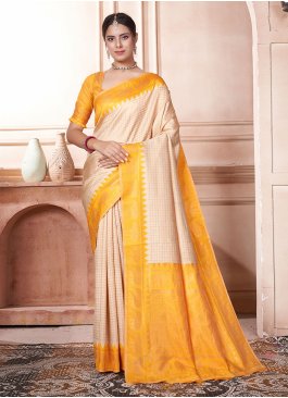 Beautiful Kanjivaram Silk Cream and Yellow Trendy Saree