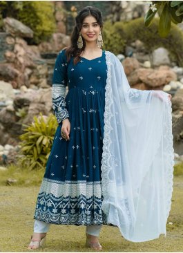 Bedazzling Embroidered Faux Georgette Morpeach  Readymade Salwar Kameez