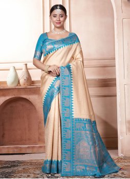 Blue and Cream Woven Trendy Saree