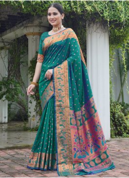 Blue and Teal Party Silk Designer Saree