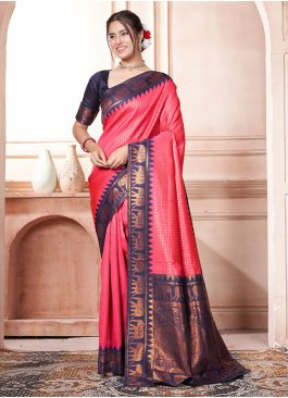 Breathtaking Kanjivaram Silk Woven Purple and Rani Classic Saree