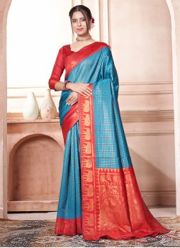 Brilliant Blue and Orange Trendy Saree