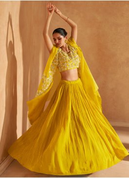 Capricious Plain Yellow Chinon Readymade Lehenga Choli