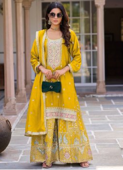 Chinon Zari Designer Salwar Kameez in Yellow