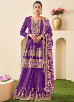 Classical Violet Embroidered Chinon Palazzo Salwar Kameez