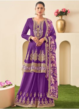 Classical Violet Embroidered Chinon Palazzo Salwar Kameez