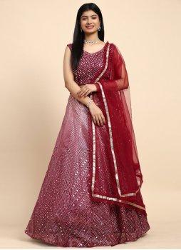 Cord Organza Readymade Lehenga Choli in Rani