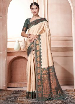 Cream and Green Woven Classic Saree