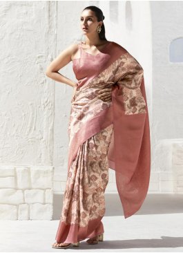 Cream and Hot Pink Art Silk Party Contemporary Saree