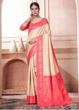 Cream and Pink Kanjivaram Silk Woven Designer Saree