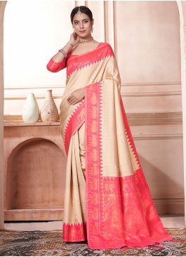 Cream and Pink Kanjivaram Silk Woven Designer Saree