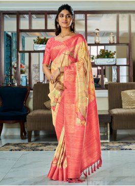 Cream Floral Print Handloom silk Saree