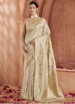 Cream Weaving Banarasi Silk Contemporary Saree