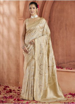 Cream Weaving Banarasi Silk Contemporary Saree