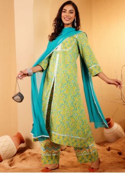 Delightful Green Cotton Readymade Salwar Kameez