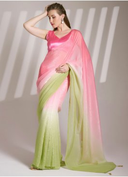 Distinctively Green and Pink Plain Chiffon Traditional Saree