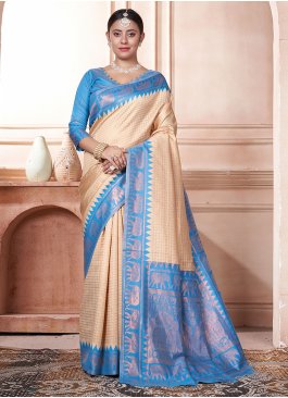 Distinguishable Blue and Cream Kanjivaram Silk Contemporary Saree