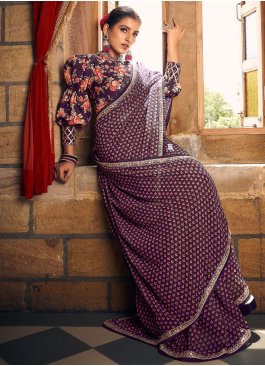 Fancy Fabric Lace Trendy Saree in Purple