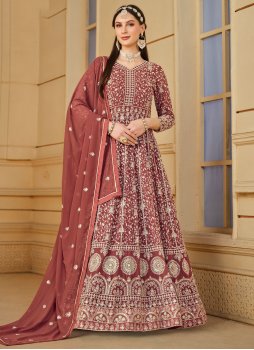 Faux Georgette Brown Embroidered Trendy Salwar Kameez