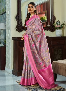 Floral Print Handloom silk Classic Saree in Grey and Pink