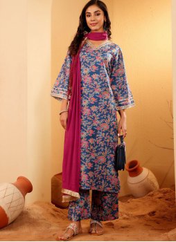 Glamorous Foliage Print Navy Blue Readymade Salwar Kameez 