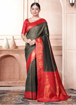 Green and Orange Woven Ceremonial Saree