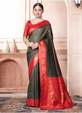 Green and Orange Woven Ceremonial Saree