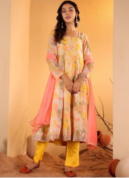 Haute Floral Patterns Yellow Silk Blend Trendy Salwar Kameez