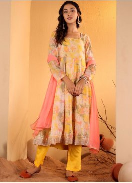Haute Floral Patterns Yellow Silk Blend Trendy Salwar Kameez