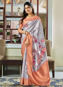 Impeccable Grey and Orange Floral Print Contemporary Saree