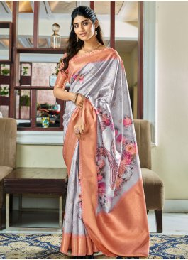 Impeccable Grey and Orange Floral Print Contemporary Saree