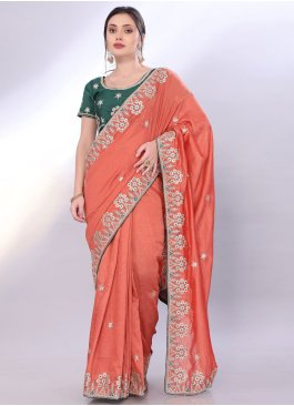 Intriguing Silk Embroidered Peach Classic Saree