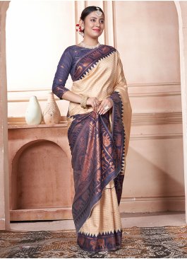 Kanjivaram Silk Cream and Purple Woven Classic Saree