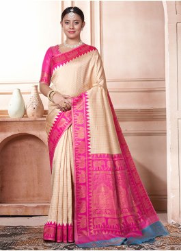 Kanjivaram Silk Woven Cream and Pink Classic Saree