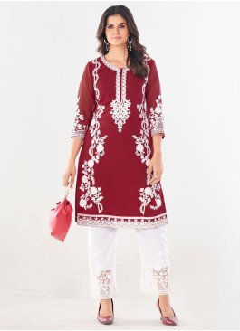 Maroon Georgette Embroidered Designer Kurti