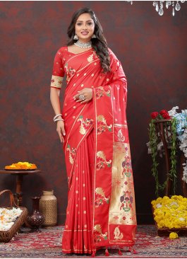Meenakari Silk Contemporary Style Saree in Red