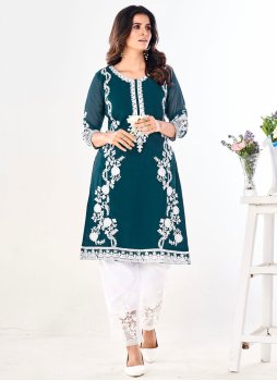 Morpeach  and Teal Georgette Party Wear Kurti