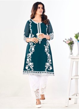Morpeach  and Teal Georgette Party Wear Kurti