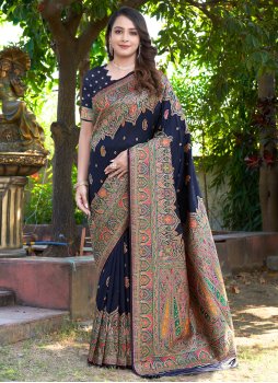 Navy Blue Pashmina Kashmiri Classic Saree
