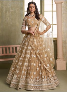 Net Embroidered A Line Lehenga Choli in Khaki
