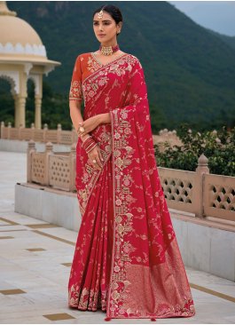 Opulent Stone Silk Crimson Trendy Saree