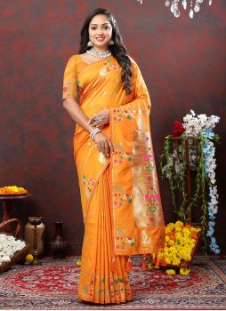 Orange Silk Weaving Traditional Saree